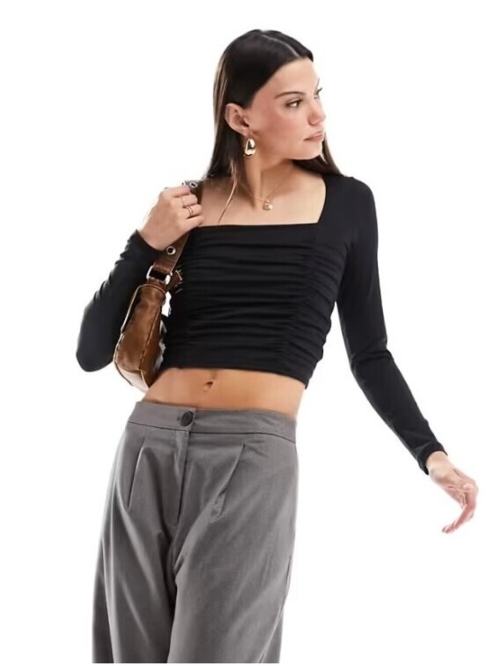 Hollister Black Long-Sleeve Ruched Square-Neck Top - Size XS